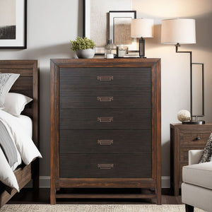 English Elm Five-Drawer Chest in Two-Tone Rustic Buckeye & Black Finish with Antique Brass Hardware, Ready-to-Use B108P163826