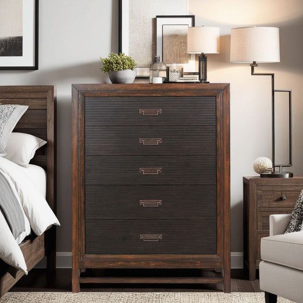 English Elm Five-Drawer Chest in Two-Tone Rustic Buckeye & Black Finish with Antique Brass Hardware, Ready-to-Use B108P163826