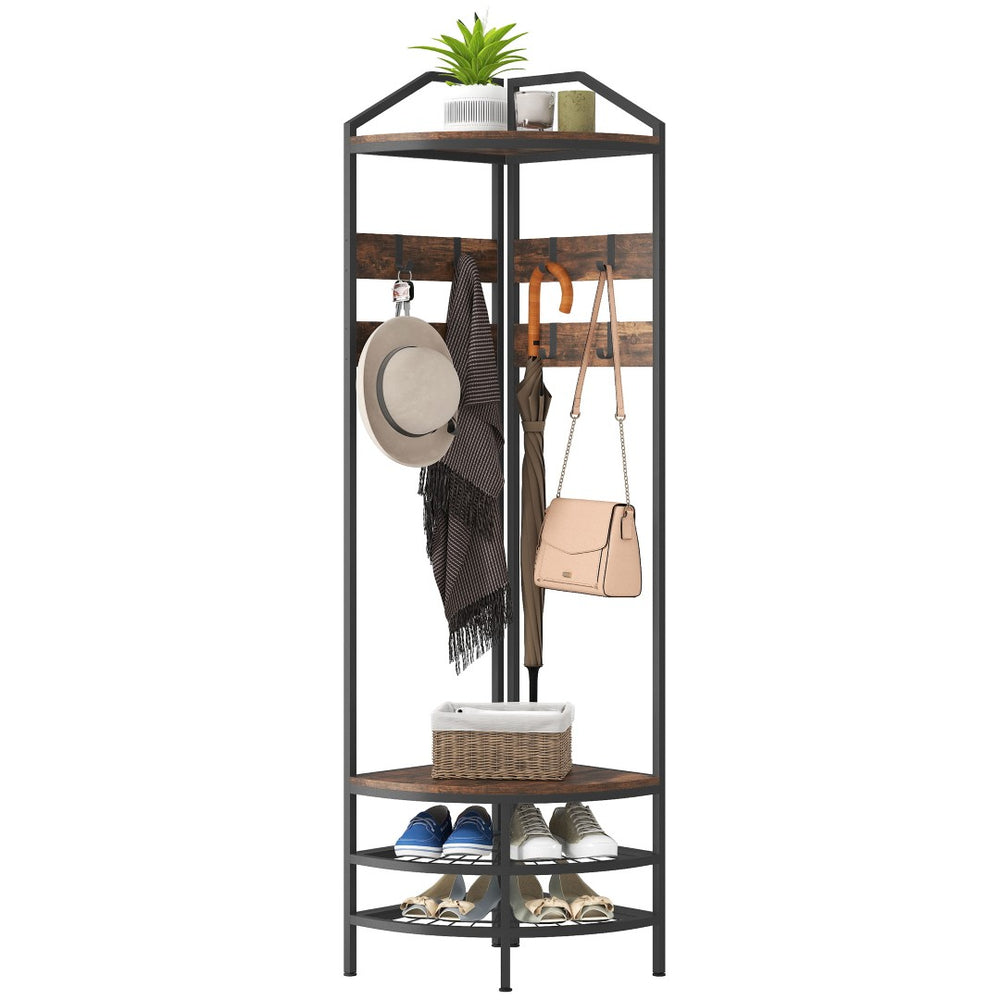 English Elm Coat Rack Corner Hall Tree Industrial Steel Frame with Shoe Storage and 8 Hooks T3971P401872