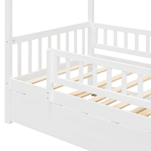 English Elm Twin House Bed with Trundle Solid Pine Frame Walnut Kids Bedroom Sleepover N708P357115K