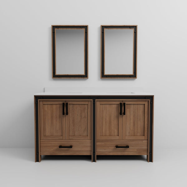 English Elm Rustic Barnwood Double Bath Vanity 60" W with White Quartz Top, Soft-Close Storage & 22" Mirrors B2731S00912