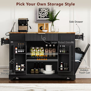 English Elm K&k Rolling Kitchen Island Rubber Wood Top Fluted Cabinet Built-in Charging Station Black N707S221571B