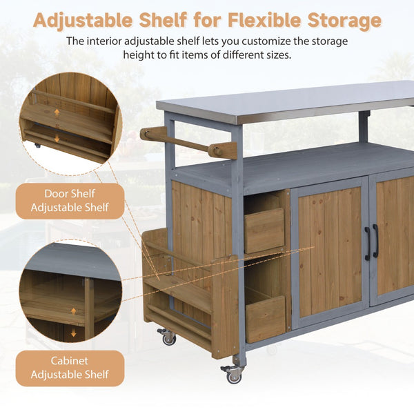English Elm 54.33" Farmhouse Outdoor Kitchen Cart Solid Fir Frame Steel Top Storage Bbq Prep Blue Gray,Walnut Brown N767P379702B