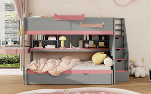 English Elm House-shaped Pine Bunk Bed with Built-in Slide Storage Staircase Twin Over Full Kids Frame Gray N820S00067E