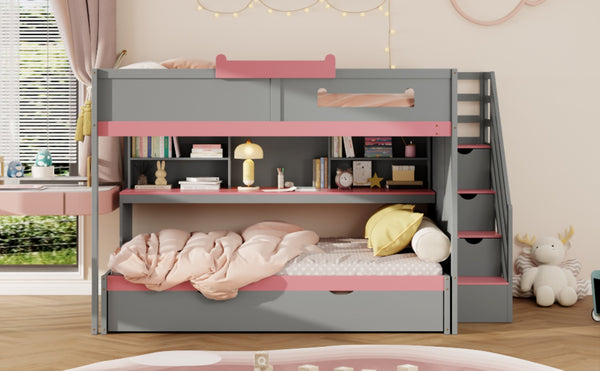 English Elm House-shaped Pine Bunk Bed with Built-in Slide Storage Staircase Twin Over Full Kids Frame Gray N820S00067E