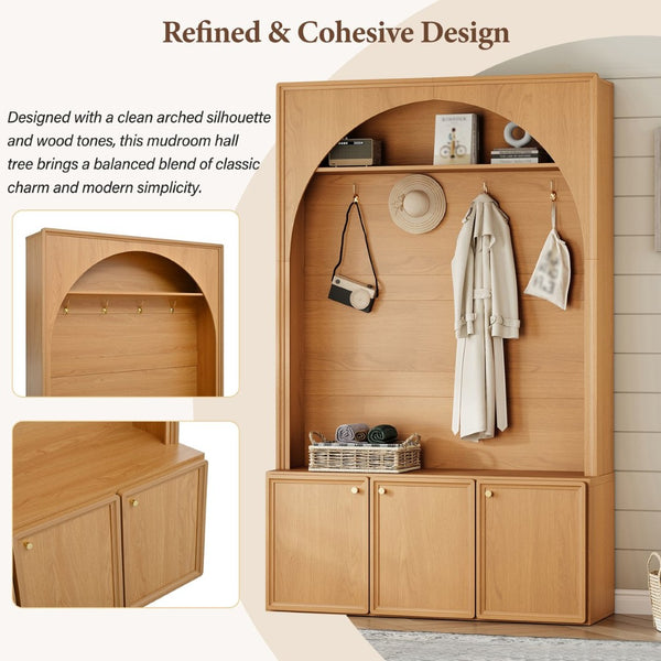 English Elm On-trend Farmhouse Hall Tree Arched Cabinet Storage Bench with Golden Hooks Mudroom Natural N721S000080D