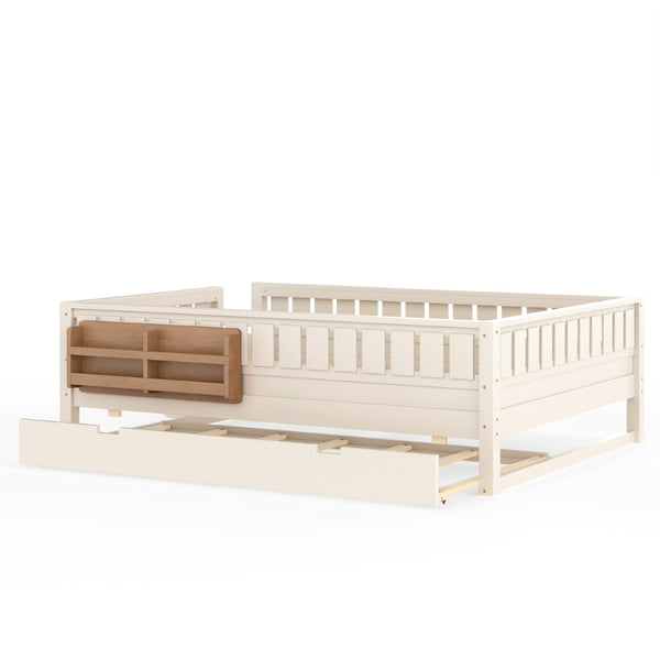 English Elm Queen Bunk Bed with Trundle Solid Pine Kids Car Themed Frame Built-in Bookshelf Beige W1580S00562