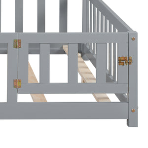 English Elm Full-size Montessori Floor Bed with Built-In Bookcase and Chalkboard, Space-Saving Solid Wood Platform for Kids Grey 56.3 L x 17.32 W x 5.31 H W1716S00013