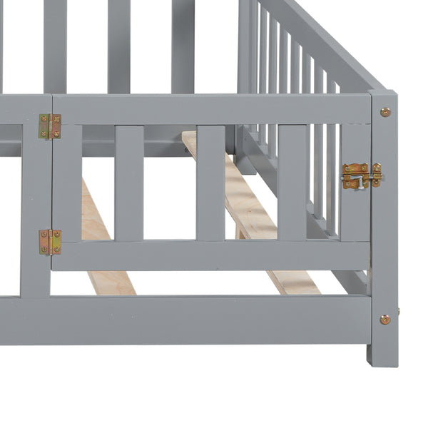 English Elm Full-size Montessori Floor Bed with Built-In Bookcase and Chalkboard, Space-Saving Solid Wood Platform for Kids Grey 56.3 L x 17.32 W x 5.31 H W1716S00013