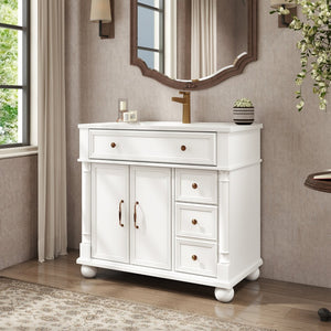 English Elm 35.6" Freestanding Bathroom Vanity with Roman Column Base and Ceramic Integrated Sink W1801S00009