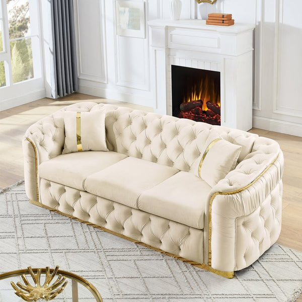 English Elm 2pcs Italian Velvet Chesterfield Sofa Set Tufted Three Seater with Gold Steel Legs Beige W1191S00068