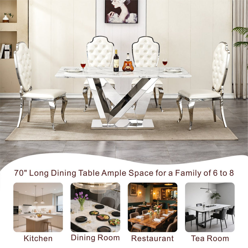 English Elm Marble Dining Table For 6 - Modern 70'' Rectangle Faux Marble Top With Mirrored Stainless Steel Base W3456S00042
