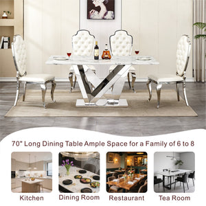 English Elm Marble Dining Table For 6 - Modern 70'' Rectangle Faux Marble Top With Mirrored Stainless Steel Base W3456S00042