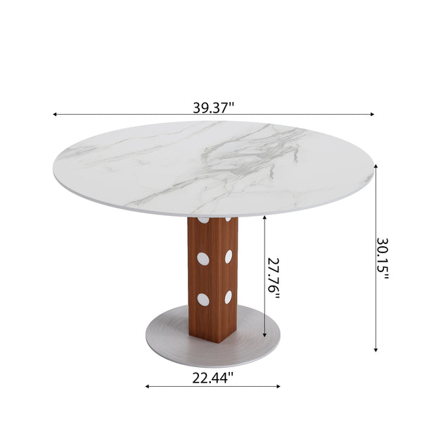 English Elm 2-4 Person Round Solid Wood Dining Table, Walnut Base & White Stone Top For Cozy Spaces & Nooks T3833S00058
