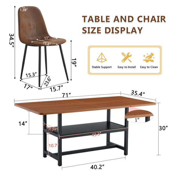 English Elm Table Set: Modern Walnut Grain Dining Table With 6 Comfortable Techno-Fabric Chairs & Storage Shelf W1151S04290-GIGA