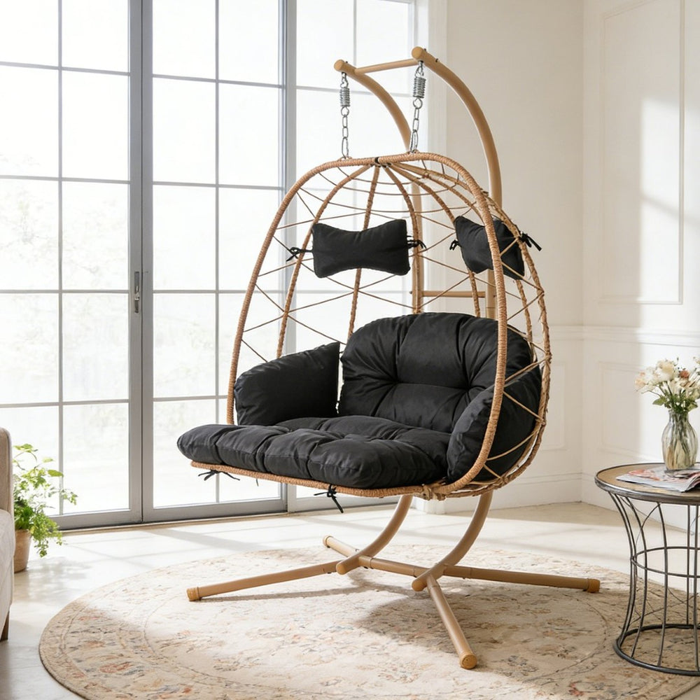 English Elm 2 Person Wicker Hanging Egg Chair with Stand Padded Swing for Patio or Garden T5880P500214