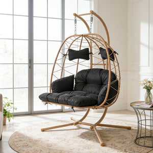 English Elm 2 Person Wicker Hanging Egg Chair with Stand Padded Swing for Patio or Garden T5880P500214