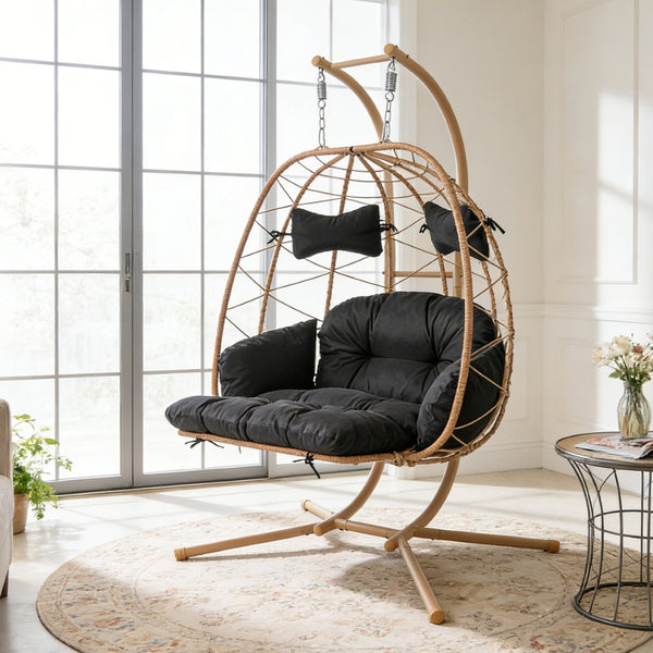 English Elm 2 Person Wicker Hanging Egg Chair with Stand Padded Swing for Patio or Garden T5880P500214