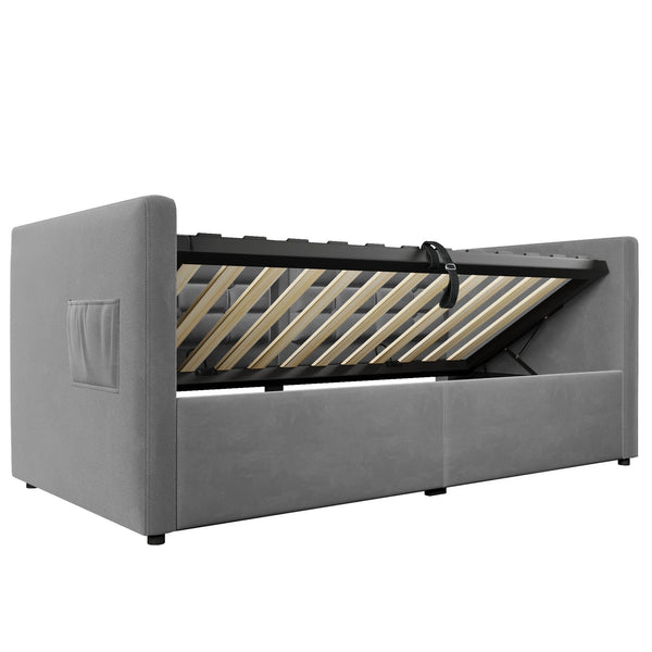 English Elm Upholstered Twin Daybed with Hydraulic Storage, Velvet Tufted Sofa Back, USB & Type-C Charging Port Gray N736P303402G