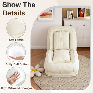 English Elm Upholstered Foldable Lazy Sofa Bed with 5 Recline Positions, Corduroy Tatami Chair with Pillows—Comfortable Space-Saving Lounge for Living Room and Bedroom Off White W2699P324227