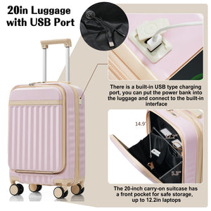 English Elm Luggage 3 Piece Abs Hard Shell Set with Usb Port Front Access and Spinner Wheels Pink N726P307555P