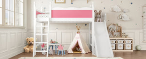 English Elm Twin Loft Bed Solid Pine Frame with Wardrobe Shelving Detachable Slide Kids Room Pink+White W5305S00016