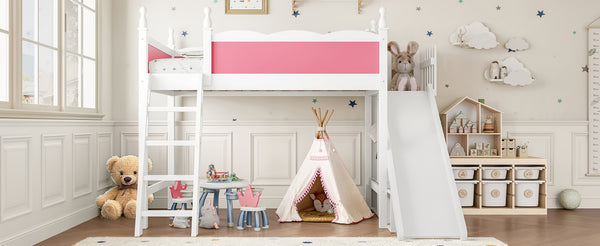 English Elm Twin Loft Bed Solid Pine Frame with Wardrobe Shelving Detachable Slide Kids Room Pink+White W5305S00016