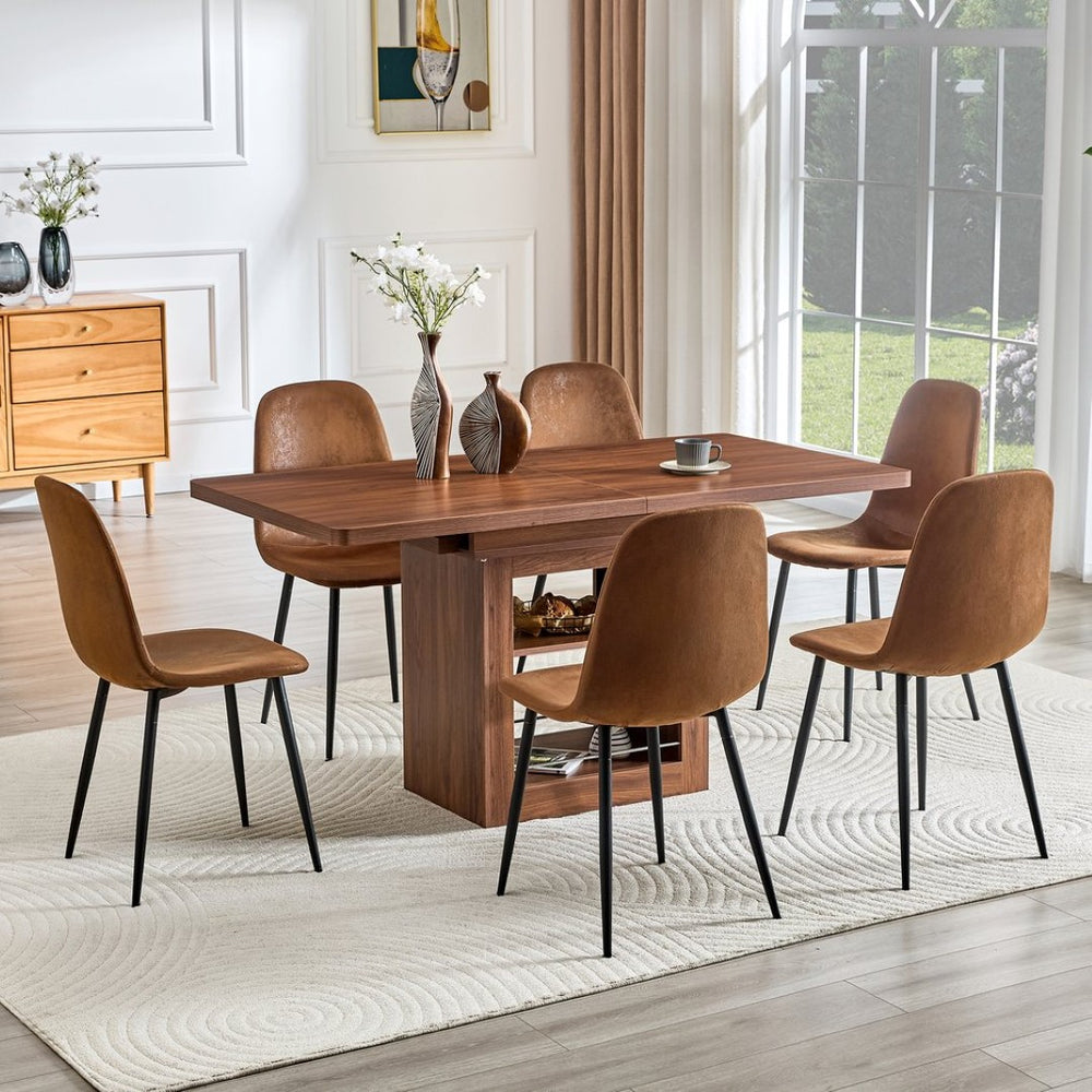 English Elm Expandable Walnut Dining Set with Six Upholstered Chairs for Modern Home Interiors W1151S04710