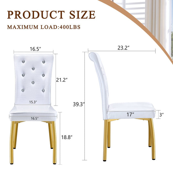 English Elm Set of 4 Glam Faux Leather Dining Chairs with Crystal Buckle and Gold Tone Legs White+Gold W3226P311059