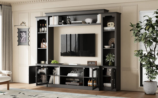 English Elm Entertainment Wall Unit with Glass Doors Open Shelving Mdf Living Room Storage Black N710S688102B