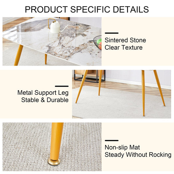 English Elm Modern minimalist sintered stone dining table with white marble-look top and sturdy metal legs, seats 4-6 comfortably Gold W1151S01018