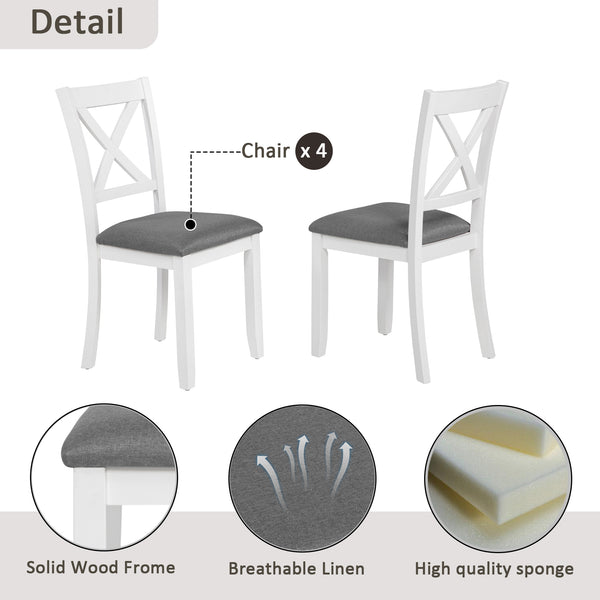 English Elm 5-Piece Modern Dining Set for 4 with Waterproof Wood-Grain Top, X-Back Chairs, Linen Comfort, Stable Frame White+gray W1998S00063