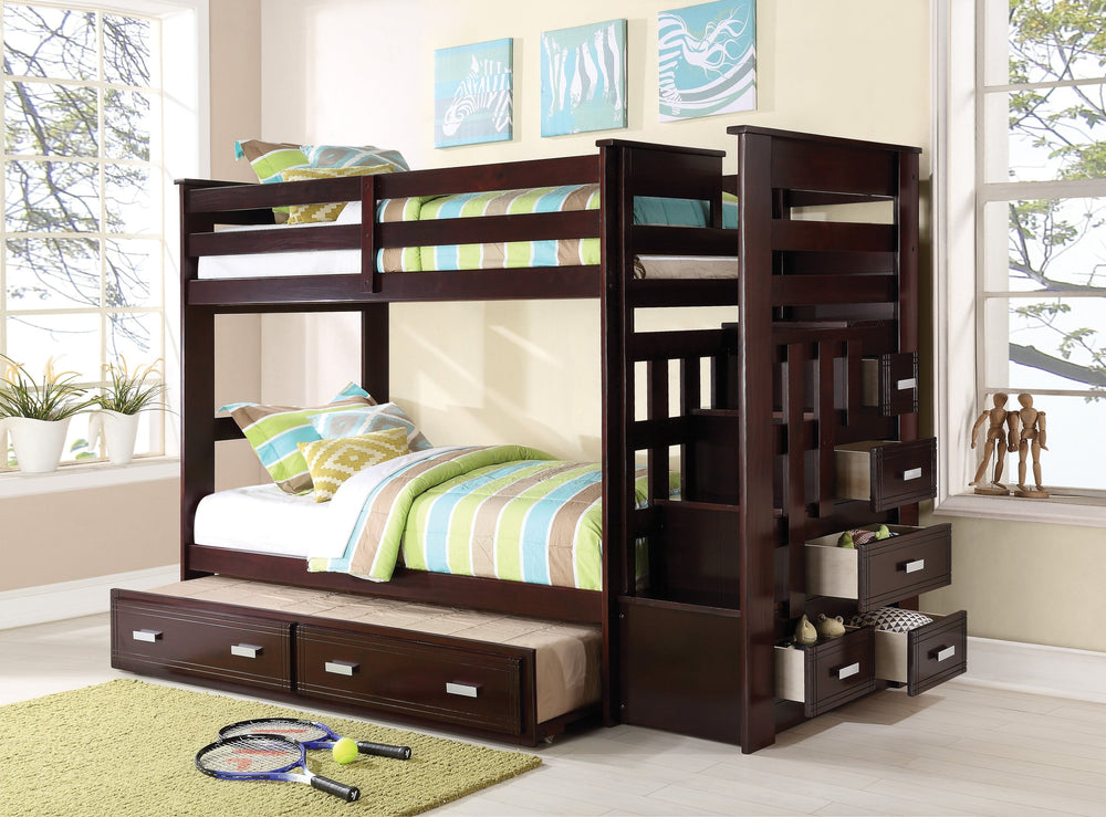 English Elm Allentown Espresso Twin/Twin Bunk Bed with Trundle & 5-Drawer Storage Ladder, Full Guard-Rail Safety B2726S00273