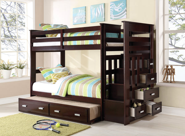 English Elm Allentown Espresso Twin/Twin Bunk Bed with Trundle & 5-Drawer Storage Ladder, Full Guard-Rail Safety B2726S00273