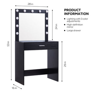 English Elm Vanity Elegant dressing table with LED mirror lights, large drawer, adjustable brightness & storage Black W2386P216224