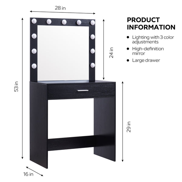 English Elm Vanity Elegant dressing table with LED mirror lights, large drawer, adjustable brightness & storage Black W2386P216224
