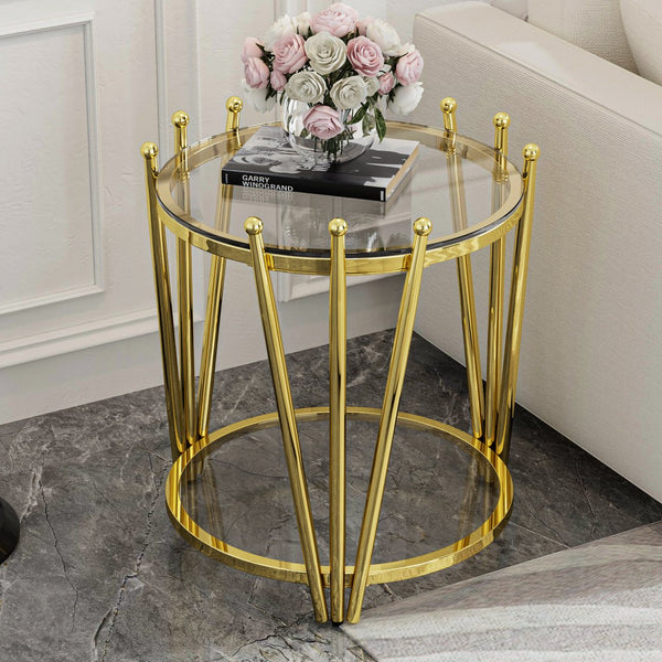 English Elm 19.69inch Gold Round Coffee Table with Crown Frame, 8mm Tempered Glass, Stainless Steel Base, Chic Storage Clear W1550P171466