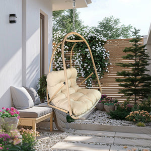 English Elm without Swing Egg Chair Rattan Hanging Patio Basket with C-Bracket, Foldable, Cup Holder, Cushions, Durable Metal Frame Beige+yellow W2707P388602