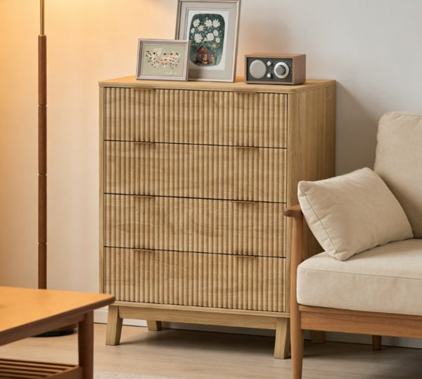 English Elm Closet Four Drawer Dresser with Fluted Fronts Gold Pulls and Natural Wood Finish T3971P431263