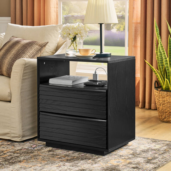 English Elm Mid Century Modern nightstand with USB charging, louver drawers, open shelf and hidden cord storage Black W1801P303391
