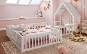 English Elm Full Full Size House Floor Bed with Door & Guardrails, Solid Wood Playful Design for Kids, Safe and Durable White W1580P327130