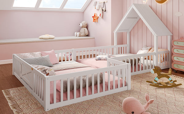 English Elm Full Full Size House Floor Bed with Door & Guardrails, Solid Wood Playful Design for Kids, Safe and Durable White W1580P327130