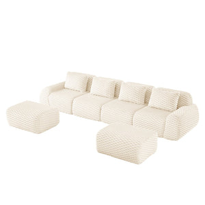English Elm 146" U-shaped Modular Sectional Flannelette Sofa with Ottoman for Spacious Living Rooms Cream W714S01523