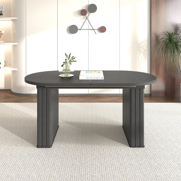 English Elm Kitchen extendable dining table with travertine-inspired melamine top, rounded edges, sturdy wooden base for family gatherings Black W1347S00016