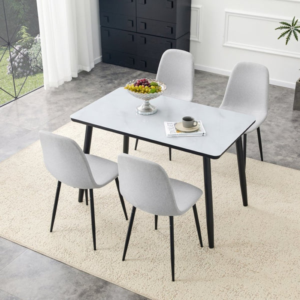 English Elm Table and Chair Set Modern Marble Glass Top with Gray Linen Seats for Dining Room W1151S04657
