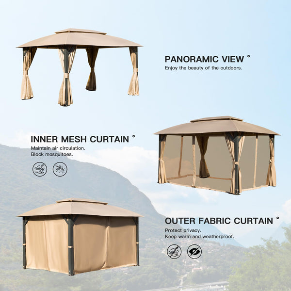 English Elm Gazebo 10X14Ft Outdoor Canopy With Double Roof, Mosquito Netting & Heavy-Duty Privacy Curtains W1859S00083