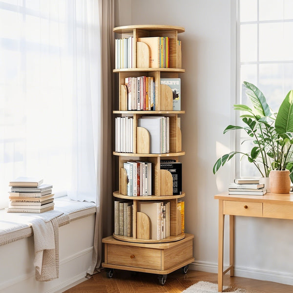 English Elm 6 Tier Rotating Bookshelf 360° Spinning Tower with Lockable Wheels, Drawer & Stable Base for Home Office Wood W3204P309484