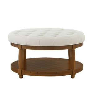 English Elm Large Round Tufted Ottoman Coffee Table with Wood Shelf for Living Room Lounge Ivory W2186P212193