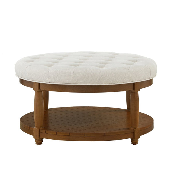English Elm Large Round Tufted Ottoman Coffee Table with Wood Shelf for Living Room Lounge Ivory W2186P212193
