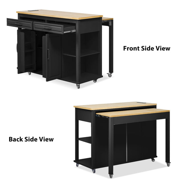 English Elm K&k Farmhouse Kitchen Island Extendable Table Rubber Wood Veneer Built-in Charging Storage Black N707S215327B
